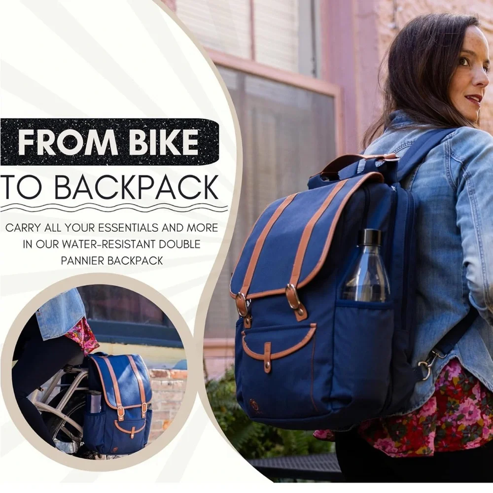 Rear Bike Backpack Laptop (Blue) Convertible Double Pannier for Bicycles